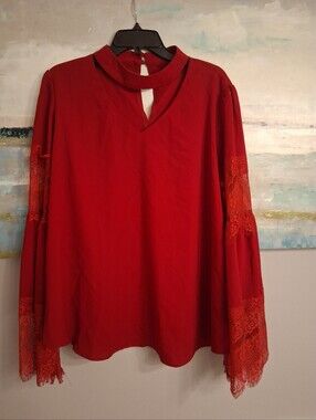 Cherry Red Boho Hippie Victorian Lace Bell Sleeve Chocker Blouse Size XL